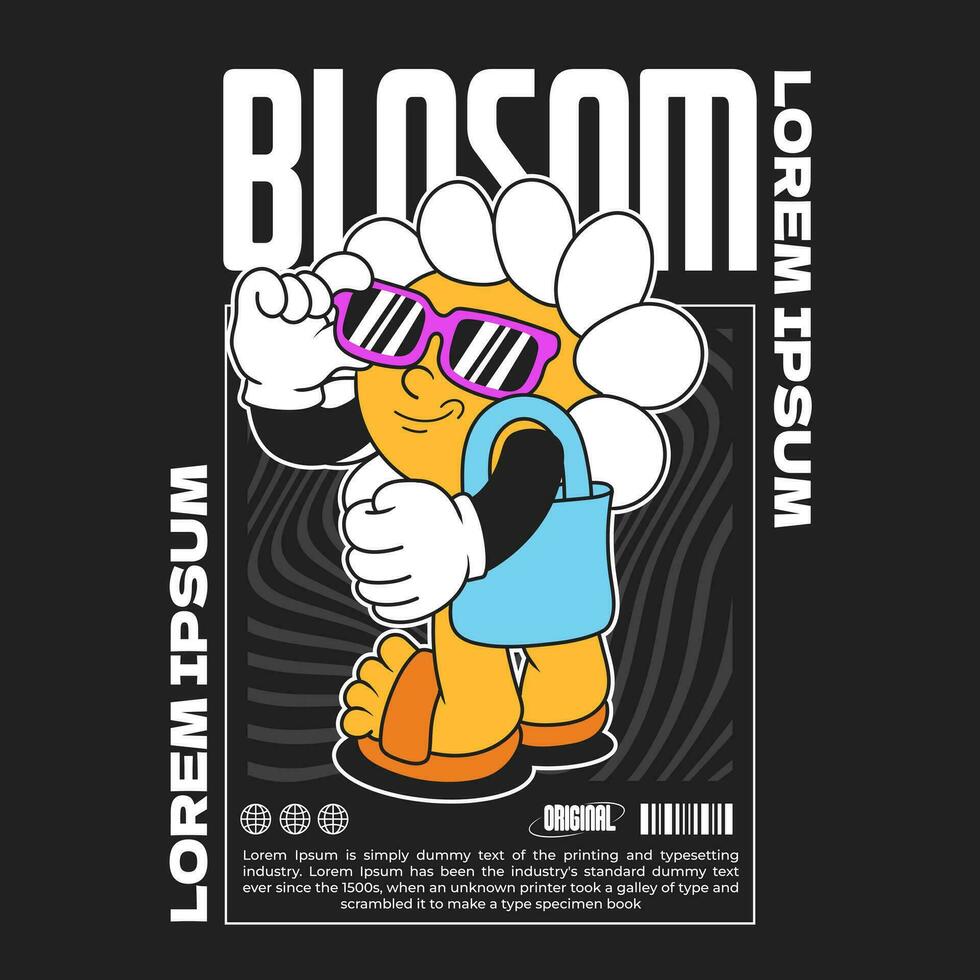 koel madeliefje bloem groovy karakter 90s ontwerp illustratie met slogan, retro tekenfilm karakter, bloem tekenfilm vector