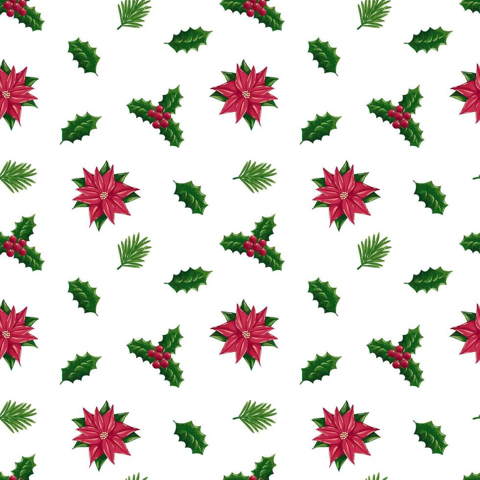 Kerstmis naadloos patroon met hulst bessen takken en kerstster bloem vector illustratie van naadloos achtergrond. Kerstmis decoratie voor vakantie patronen, verpakking, ontwerpen, omhulsel
