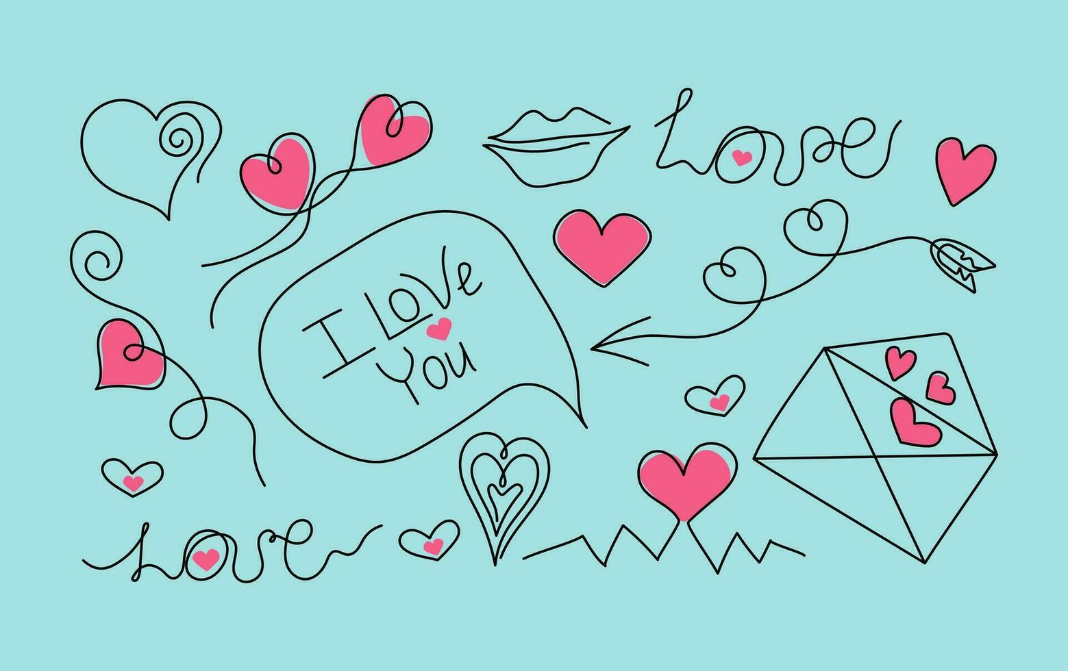 et van lineair pictogrammen, harten, decoratief elementen, en inscripties. envelop met een hart. liefde brief, ansichtkaart ontwerp. feestelijk decor voor Valentijnsdag dag. vector