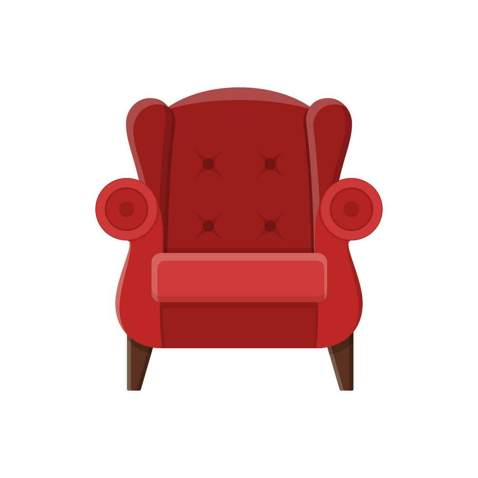 elegant rood comfortabel fauteuil in vlak stijl geïsoleerd Aan wit achtergrond. een deel van de interieur van een leven kamer of kantoor. zacht meubilair voor rust uit en ontspanning. vector illustratie.