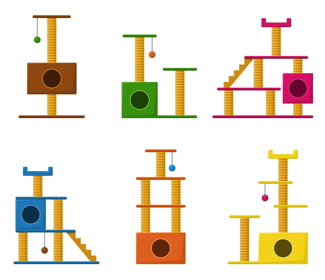 kat torens en krabben post reeks geïsoleerd Aan wit achtergrond. kat boom met kat huis, meubilair reeks voor katjes. verzameling van speelplaats accessoires met klauw puntenslijpers voor huisdieren. vector. vector