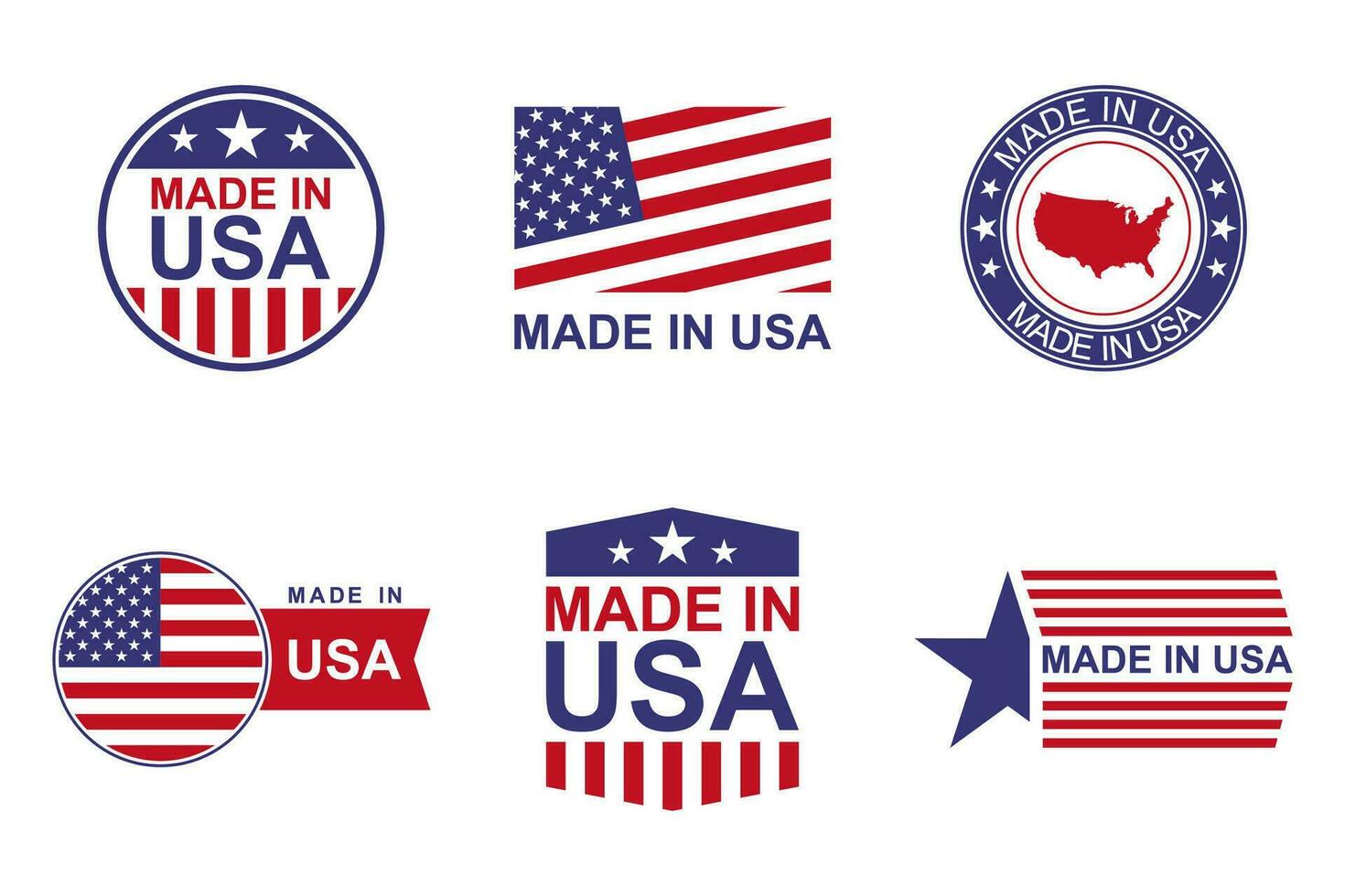 gemaakt in Verenigde Staten van Amerika etiketten set. Product vervaardigd in de Verenigde staten van Amerika icoon patriottisch tekens. Amerikaans kwaliteit bedrijf en nationaal thema. Amerikanen banners Sjablonen. vector