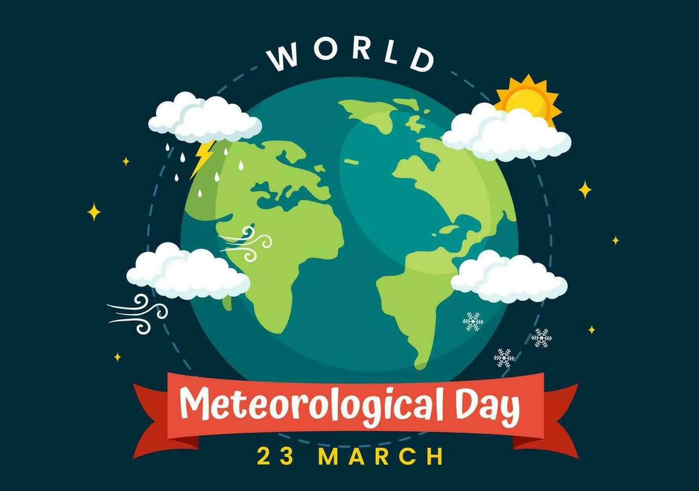 wereld meteorologisch dag vector illustratie Aan 23 maart met aarde kaart, meteorologie wetenschap en onderzoeken weer in vlak tekenfilm achtergrond