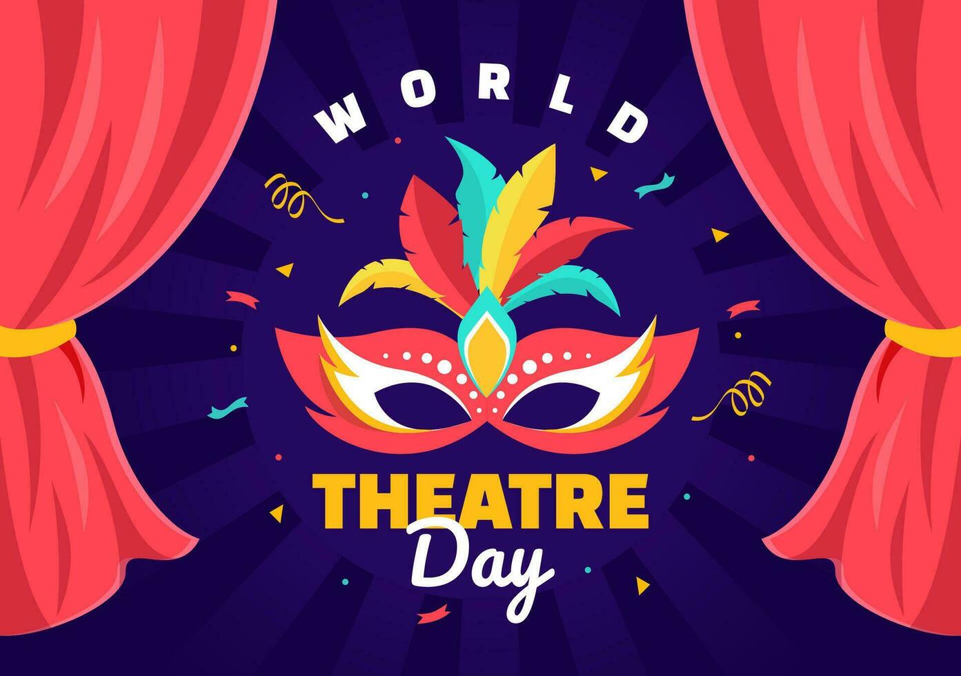 wereld theater dag vector illustratie Aan maart 27 met masker en rood gordijnen naar behouden het uitvoeren van kunsten en vermaak in vlak tekenfilm achtergrond