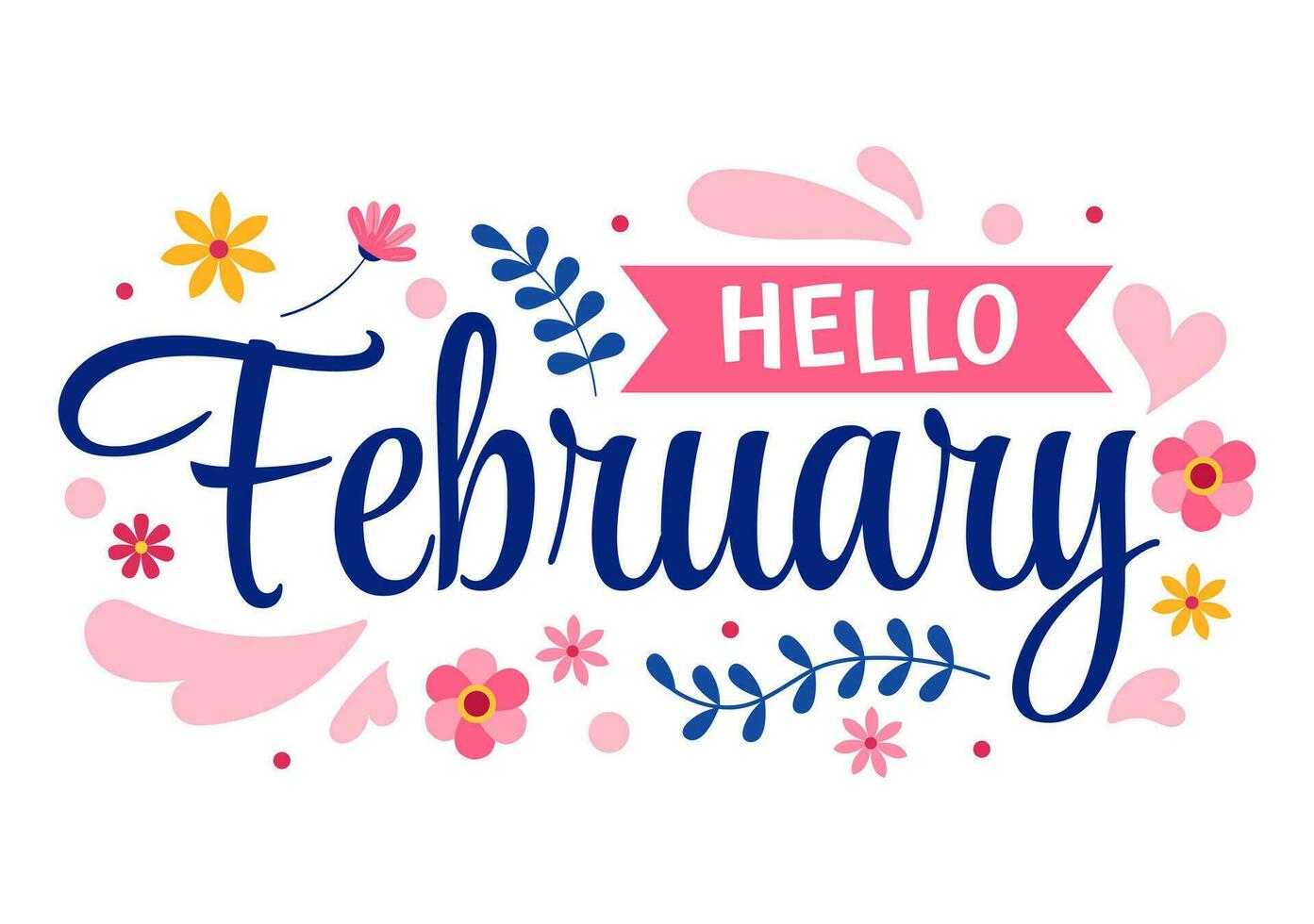 Hallo februari maand vector illustratie met bloemen, harten, bladeren en schattig belettering voor decoratie achtergrond in vlak tekenfilm Sjablonen