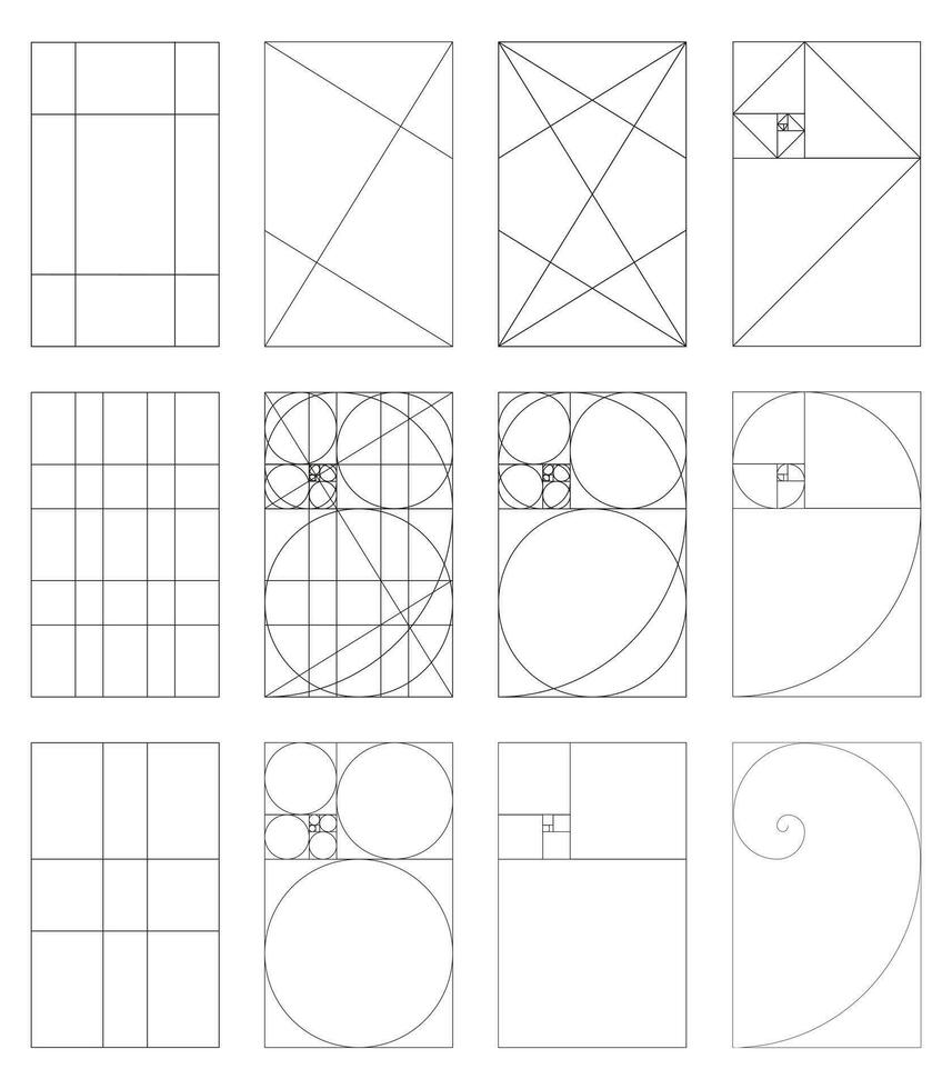 gouden verhouding icoon set. methode gouden sectie. fibonacci reeks, nummers. harmonie proporties. vector sjabloon. eps.