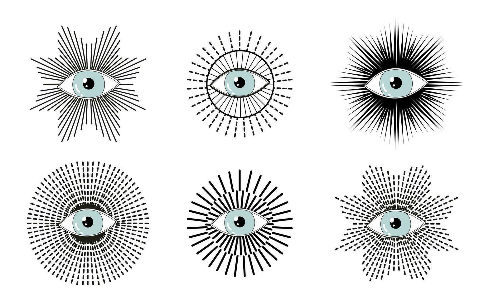 reeks van mystiek ogen. zien oog. tatoeëren, esoterisch occult symbool van vrijmetselaar. spiritueel, mysticus allemaal zien oog van god tekens reeks van vrijmetselarij complot, alchimie of occult religie amulet. vector