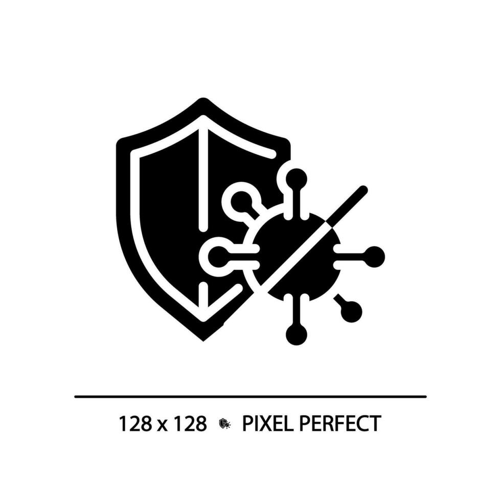 2d pixel perfect glyph stijl virus met schild icoon, geïsoleerd vector, gemakkelijk silhouet illustratie vertegenwoordigen bacteriën. vector