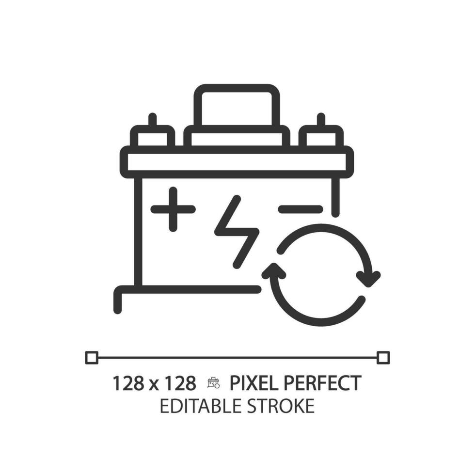 2d pixel perfect bewerkbare zwart auto accu icoon, geïsoleerd vector, dun lijn gemakkelijk illustratie vertegenwoordigen auto onderhoud en reparatie. vector