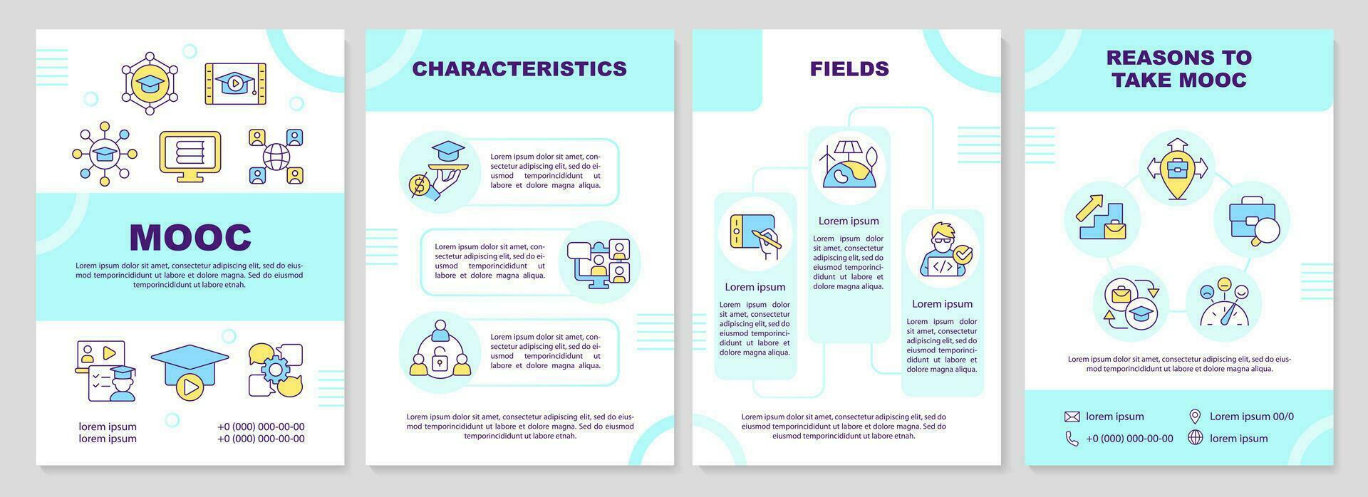 2d blauw mooc brochure sjabloon, brochure ontwerp met veelkleurig dun lineair pictogrammen, 4 vector lay-outs.