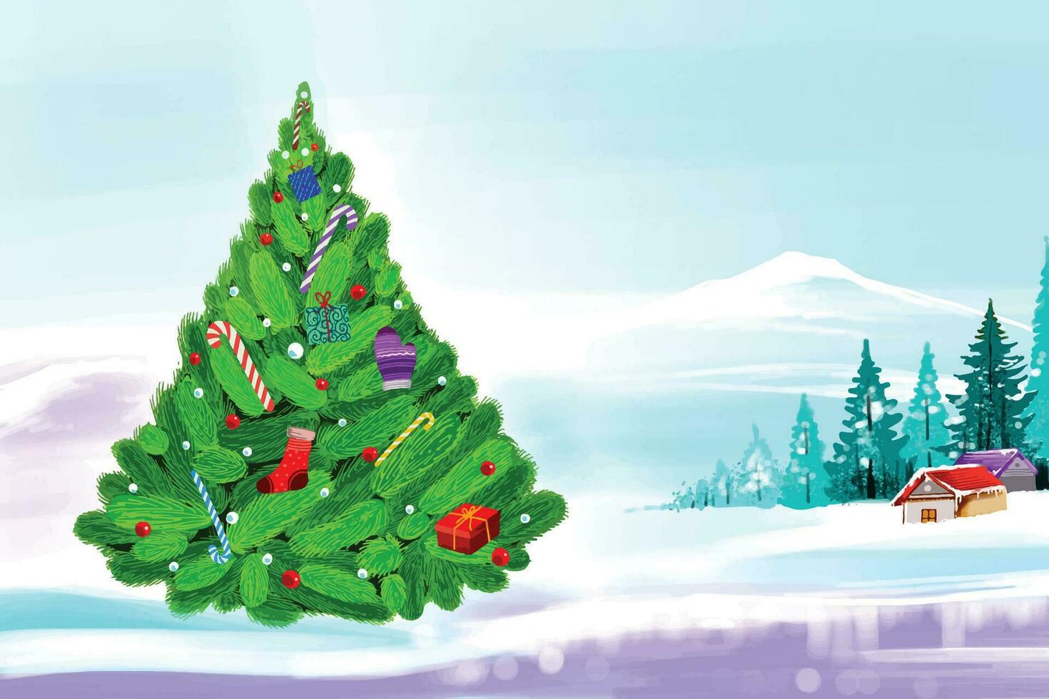 winter landschap met vallend Kerstmis sneeuw en boom vakantie kaart achtergrond vector