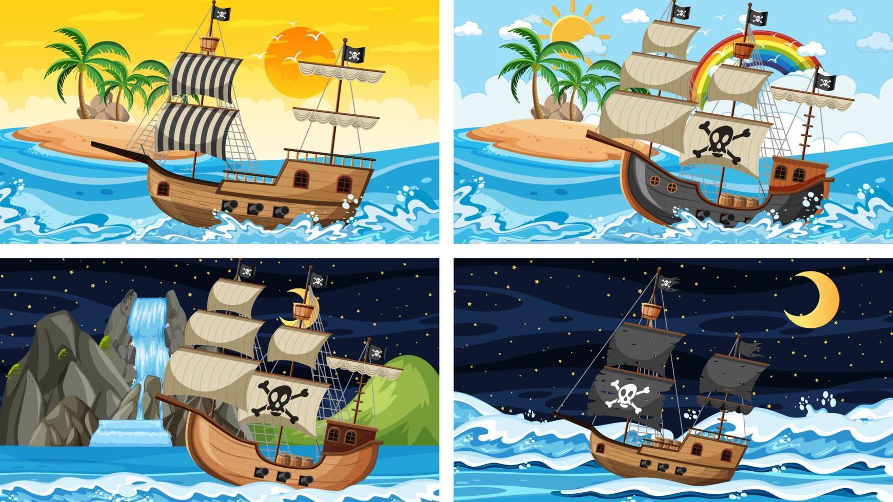 set oceaanscènes op verschillende tijdstippen met piratenschip in cartoon-stijl vector