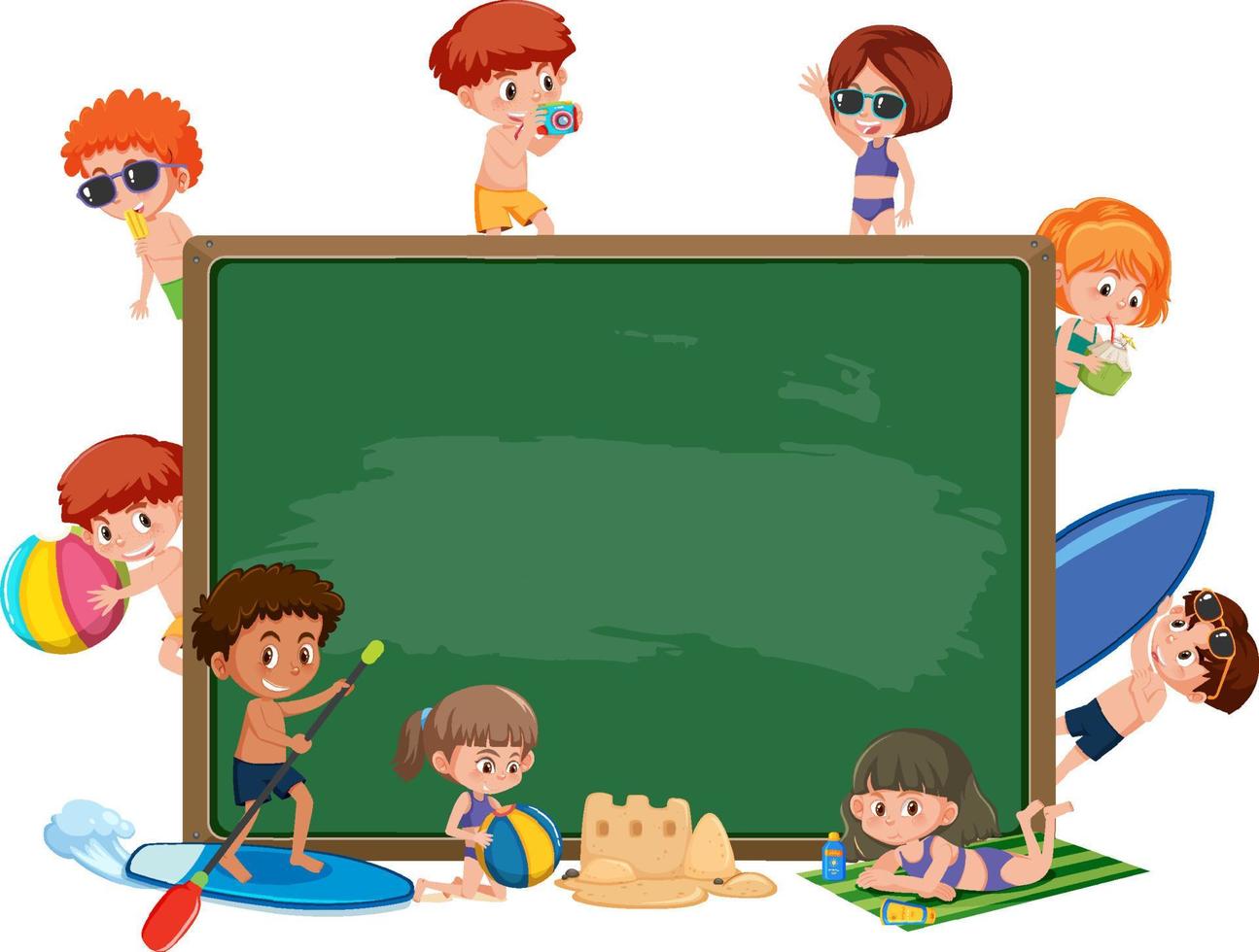 leeg schoolbord met kinderen in zomerstrandthema vector