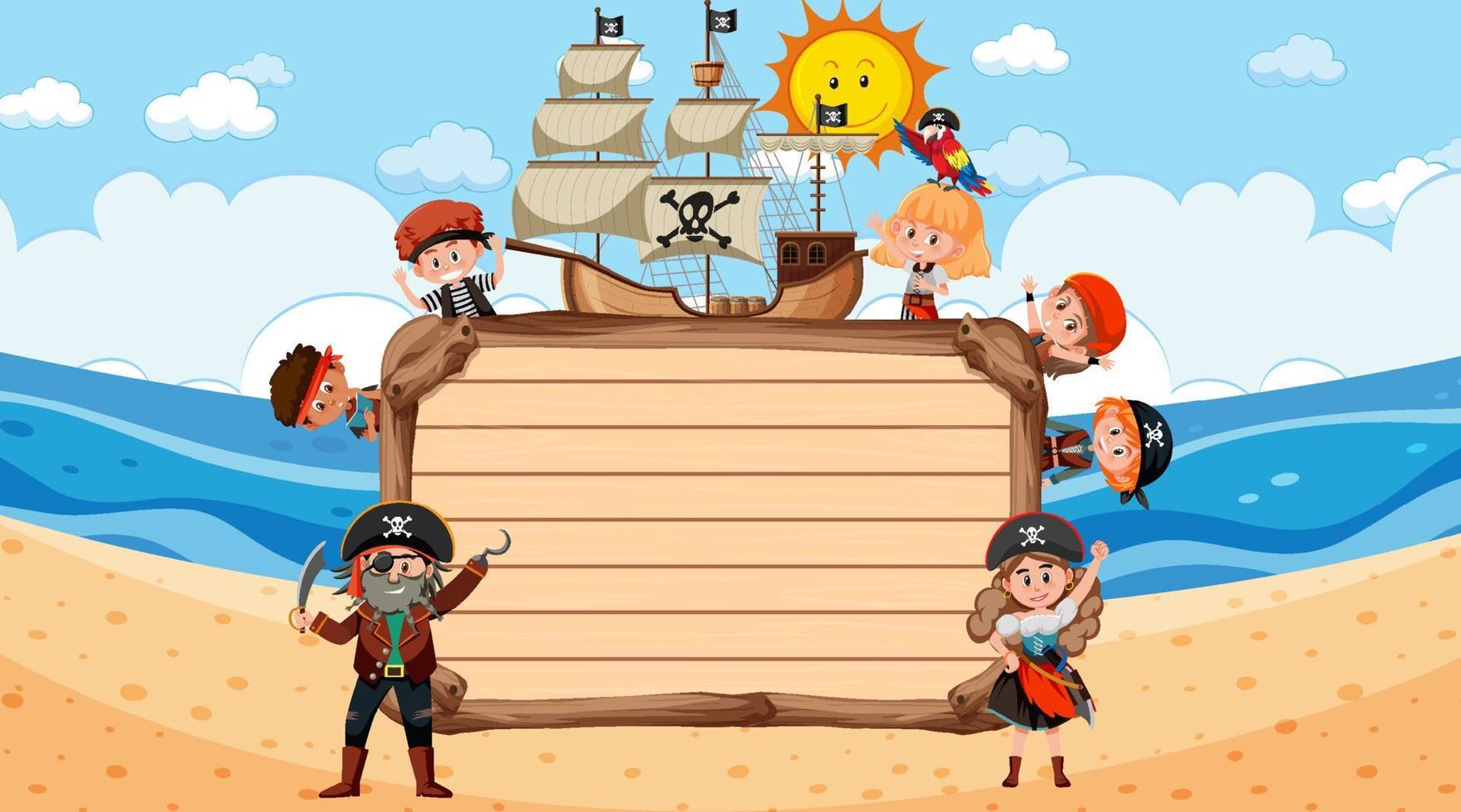 leeg houten bord met veel stripfiguur voor piratenkinderen op het strand vector