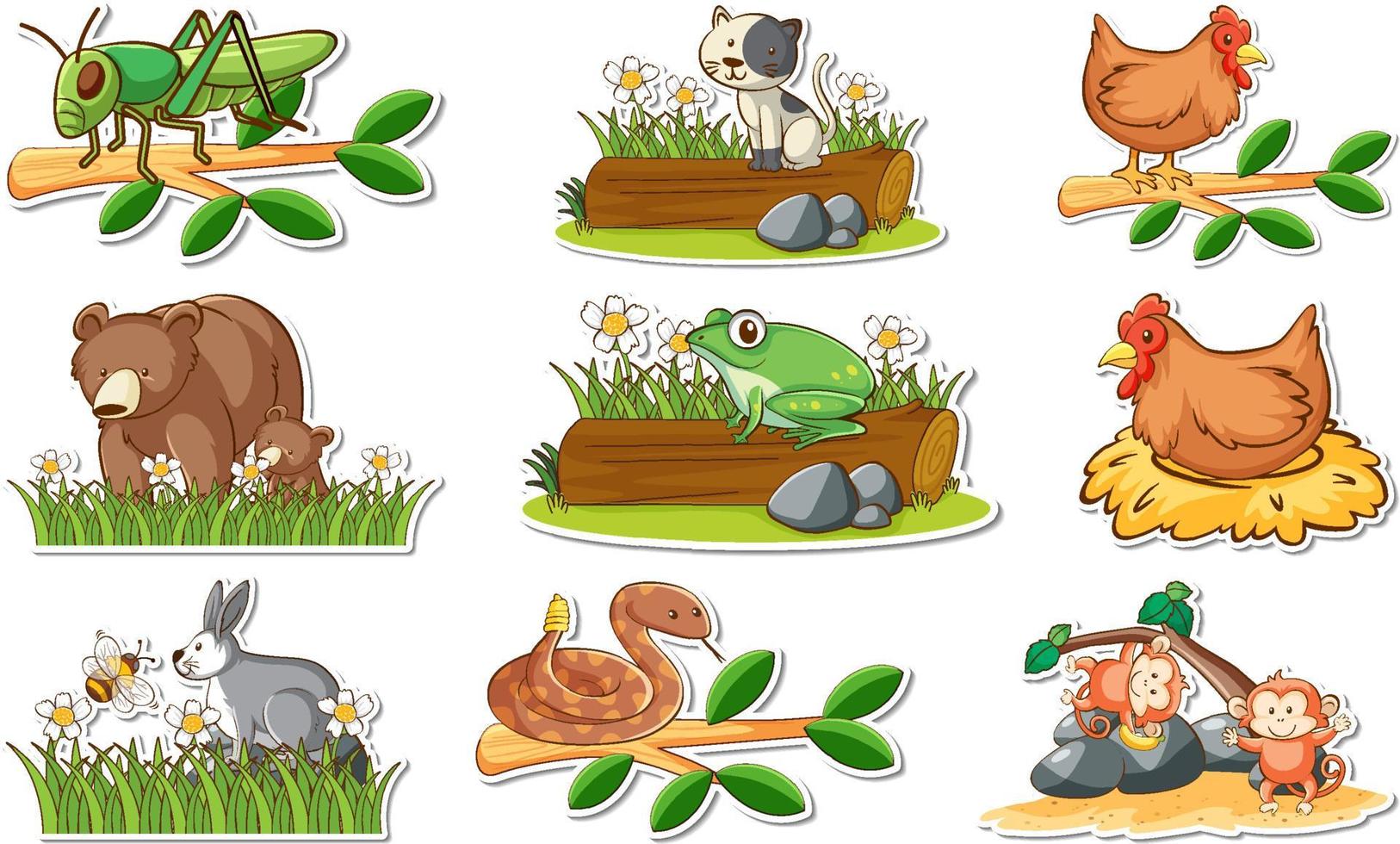 stickerset met verschillende wilde dieren en natuurelementen vector