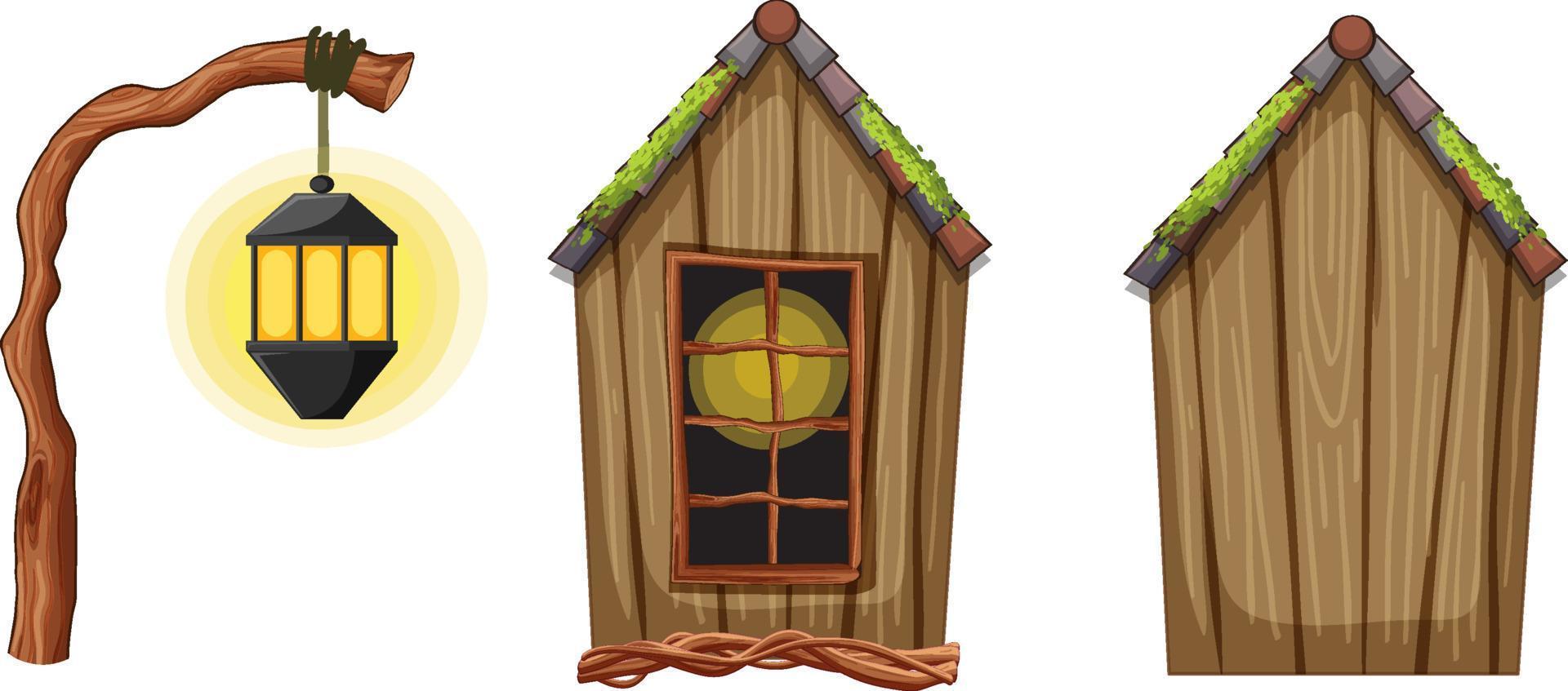fantasie houten hut en lantaarn vector