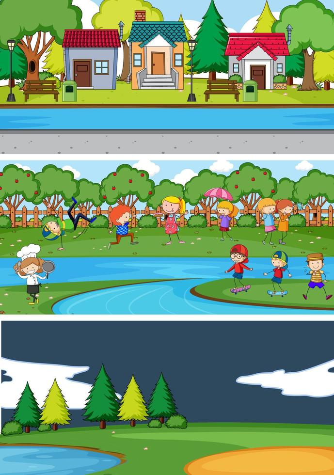 set van verschillende horizontale scènes achtergrond met doodle kinderen stripfiguur vector