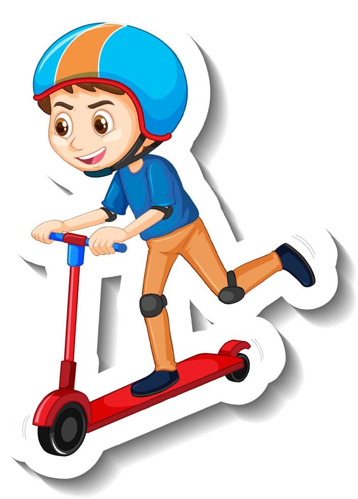 een jongen rijden scooter stripfiguur sticker vector