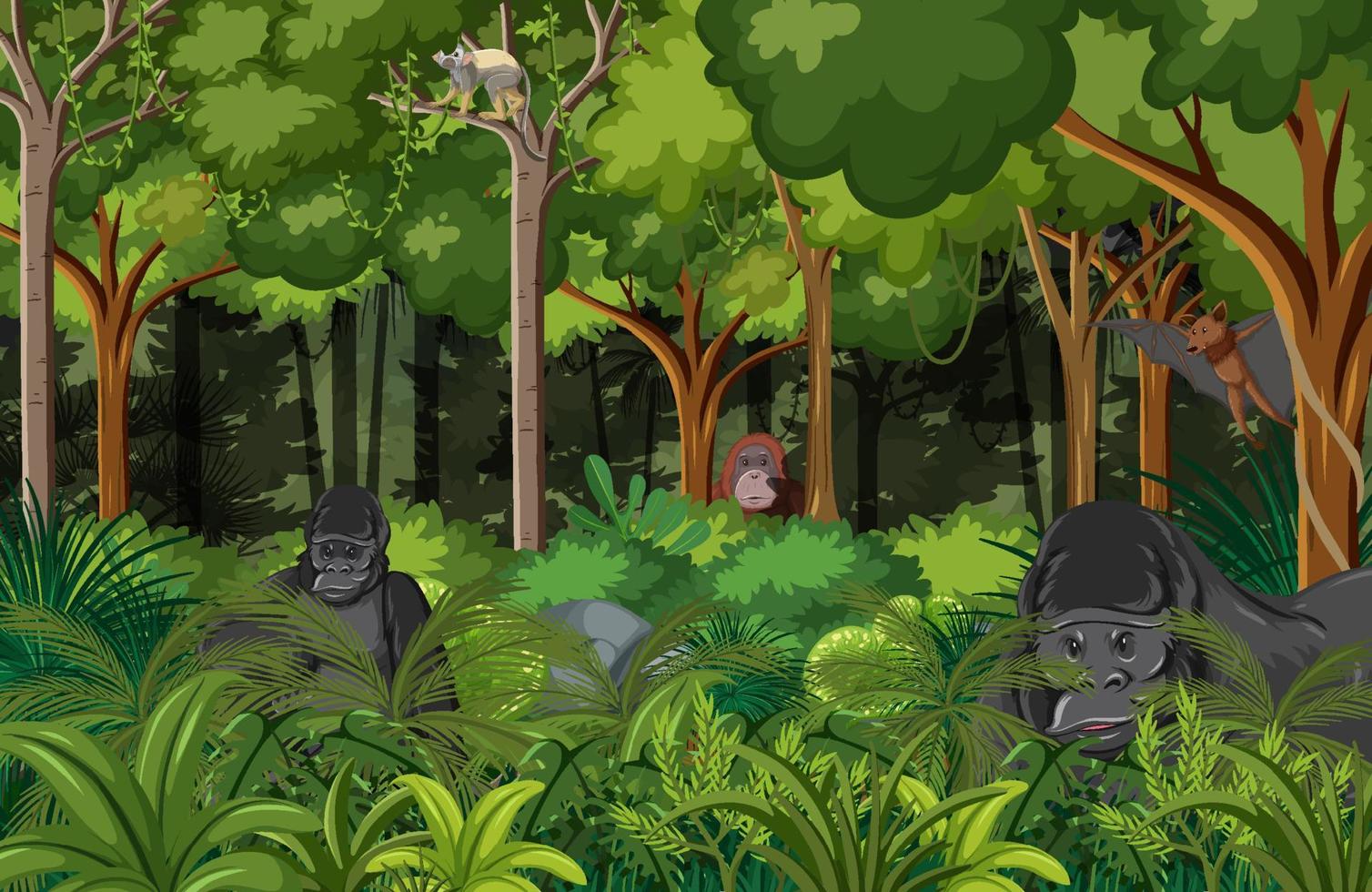 natuur bos landschap achtergrond met gorilla's vector