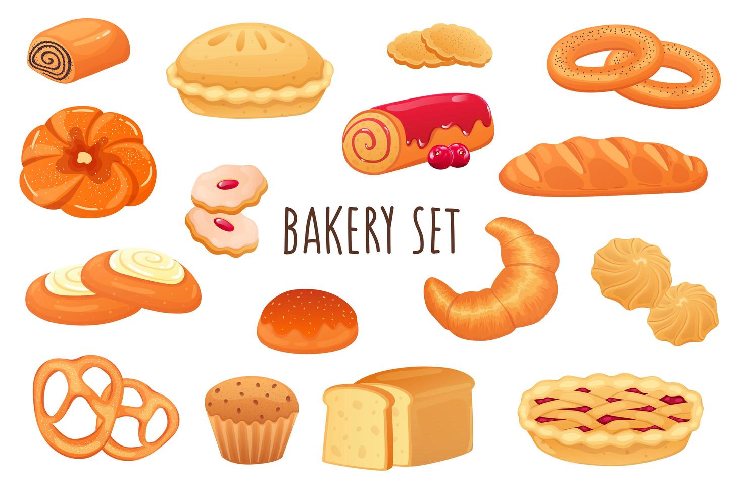 bakkerij pictogrammenset in realistisch 3D-ontwerp. bundel van zoete broodjes, taart, koekjes, muffins, croissant, vers brood, broodje en andere. bakken menu collectie. vectorillustratie geïsoleerd op een witte achtergrond vector