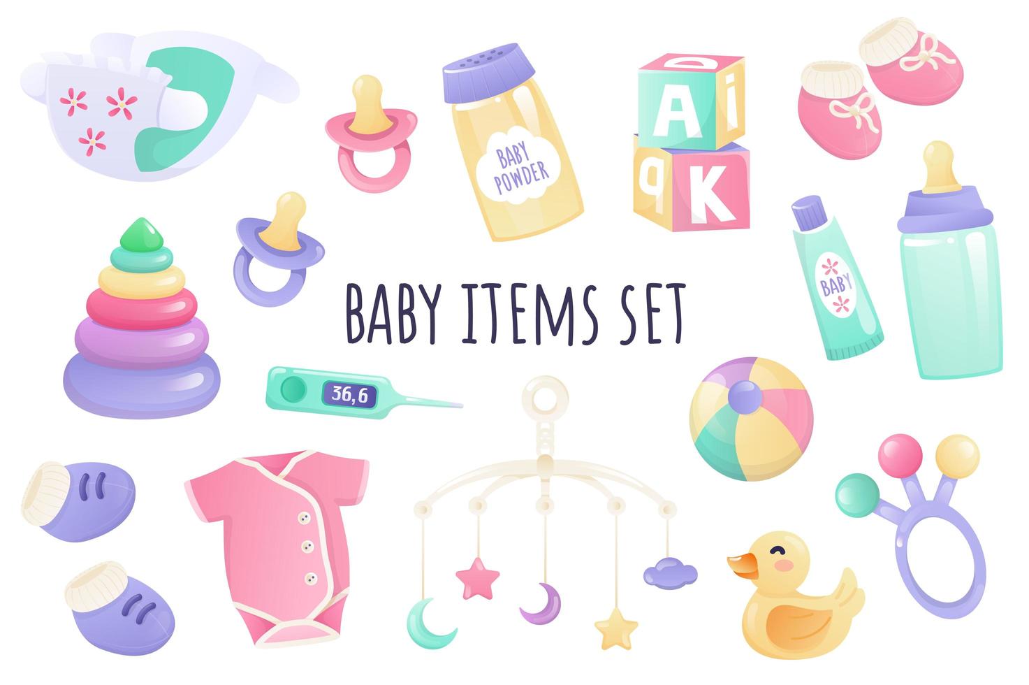 baby items pictogrammenset in realistisch 3D-ontwerp. bundel luier, fopspeen, poeder, crème, fles, kleding, speelgoed en andere. collectie pasgeboren accessoires. vectorillustratie geïsoleerd op een witte achtergrond vector