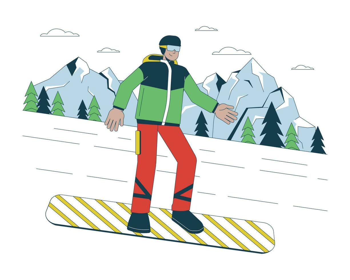 snowboarden bergafwaarts winter sport- lijn tekenfilm vlak illustratie. extreem snowboarder gaan naar beneden heuvel 2d lijn kunst karakter geïsoleerd Aan wit achtergrond. wintersport tafereel vector kleur beeld