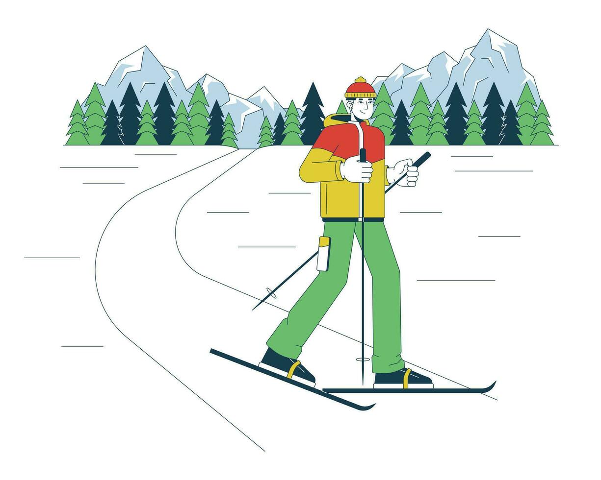 winter landschap skiën lijn tekenfilm vlak illustratie. Aziatisch mannetje skiër sneeuw sport 2d lijn kunst karakter geïsoleerd Aan wit achtergrond. skiën vrije stijl. wintersport tafereel vector kleur beeld