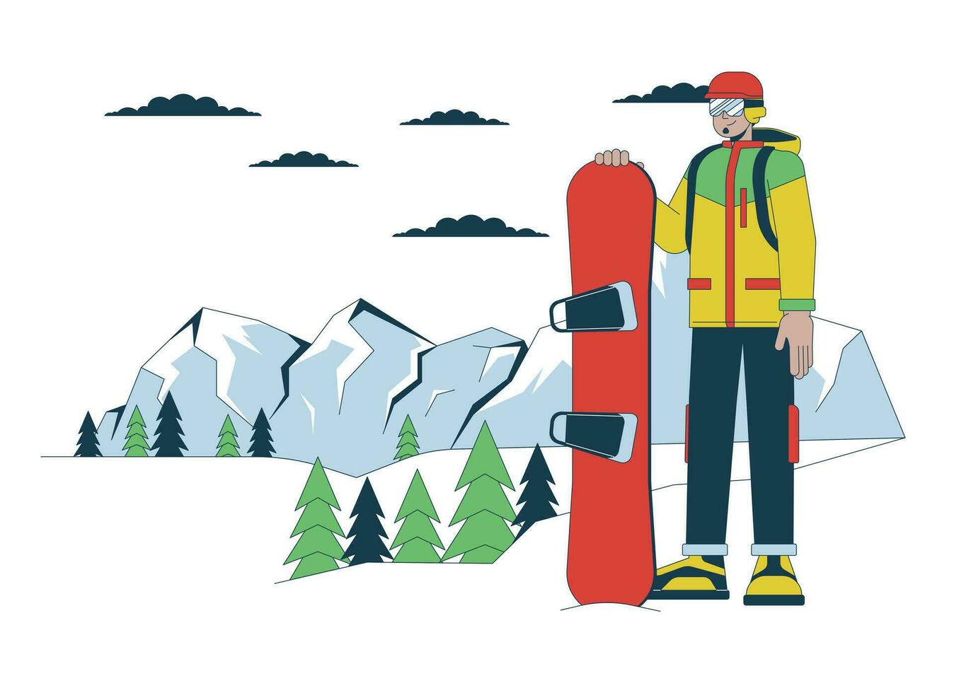 snowboarder staand Aan ski toevlucht lijn tekenfilm vlak illustratie. midden- oostelijk Mens snowboarden vakantie 2d lijn kunst karakter geïsoleerd Aan wit achtergrond. wintersport tafereel vector kleur beeld