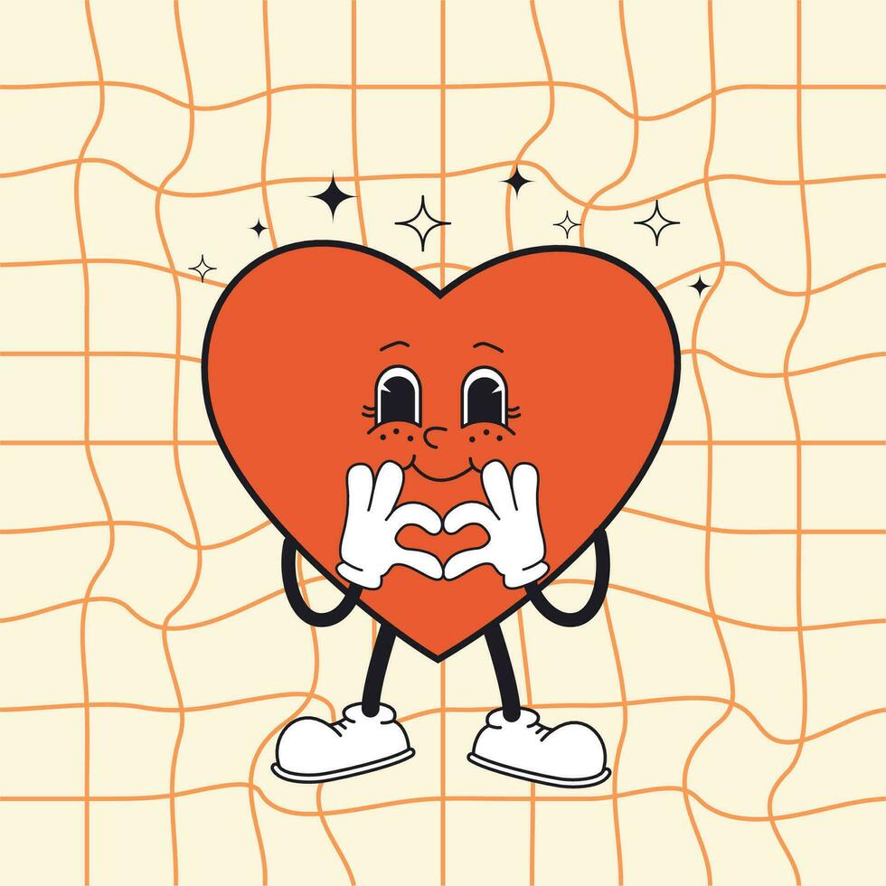 groovy hart modieus retro tekenfilm stijl. schattig karakter voor Valentijnsdag dag kaart, poster, afdrukken, partij uitnodiging, achtergrond. vector