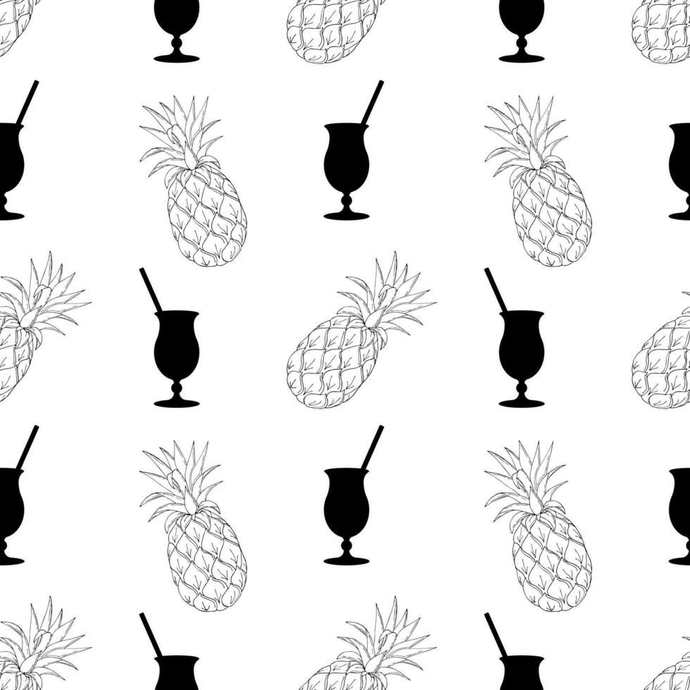 patroon met cocktail en contour hand- getrokken ananas, zwart kleur Aan wit achtergrond. monochroom zomer patroon. vector