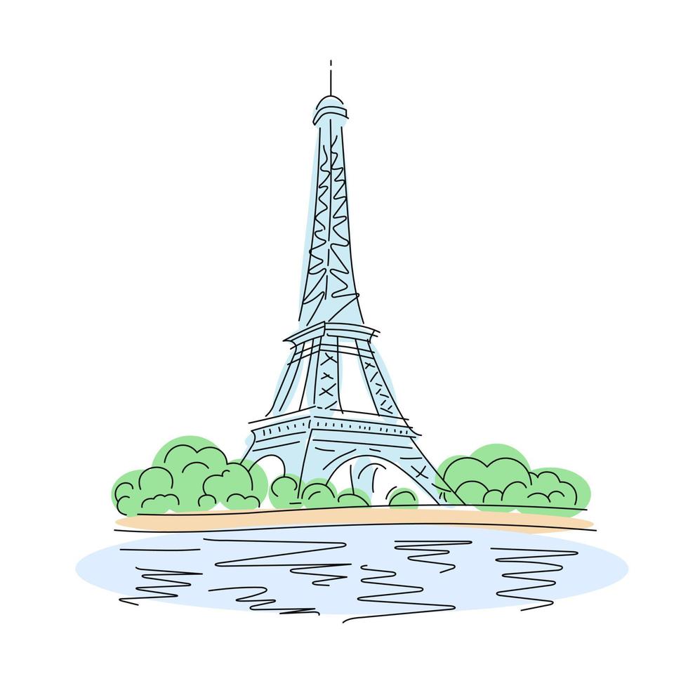 eiffeltoren met bomen aan de oever van de rivier. mijlpaal van Parijs. lineaire vectorillustratie vector