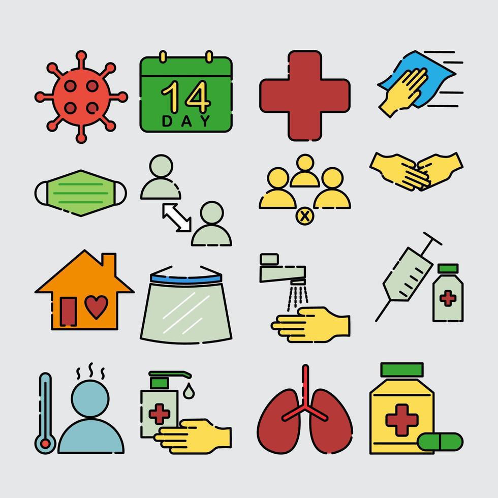 icon set vectorafbeelding van corona virus preventie. pictogram in kleurrijke platte lijnstijl. vector