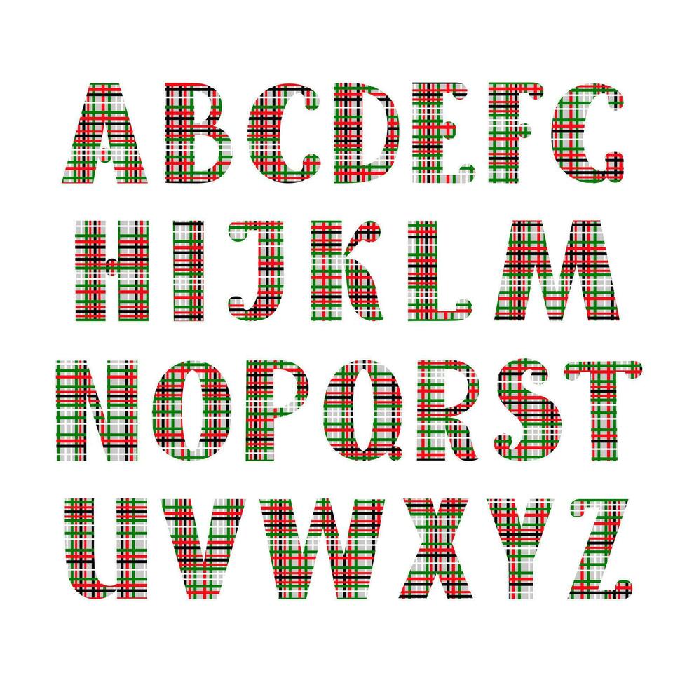 hoofdstad hand- getrokken Engels alfabet brieven versierd met rood, wit, groen geruit patroon, Kerstmis tekening stijl vector illustratie, kalligrafische abc, schattig grappig handschrift, tekenfilm belettering