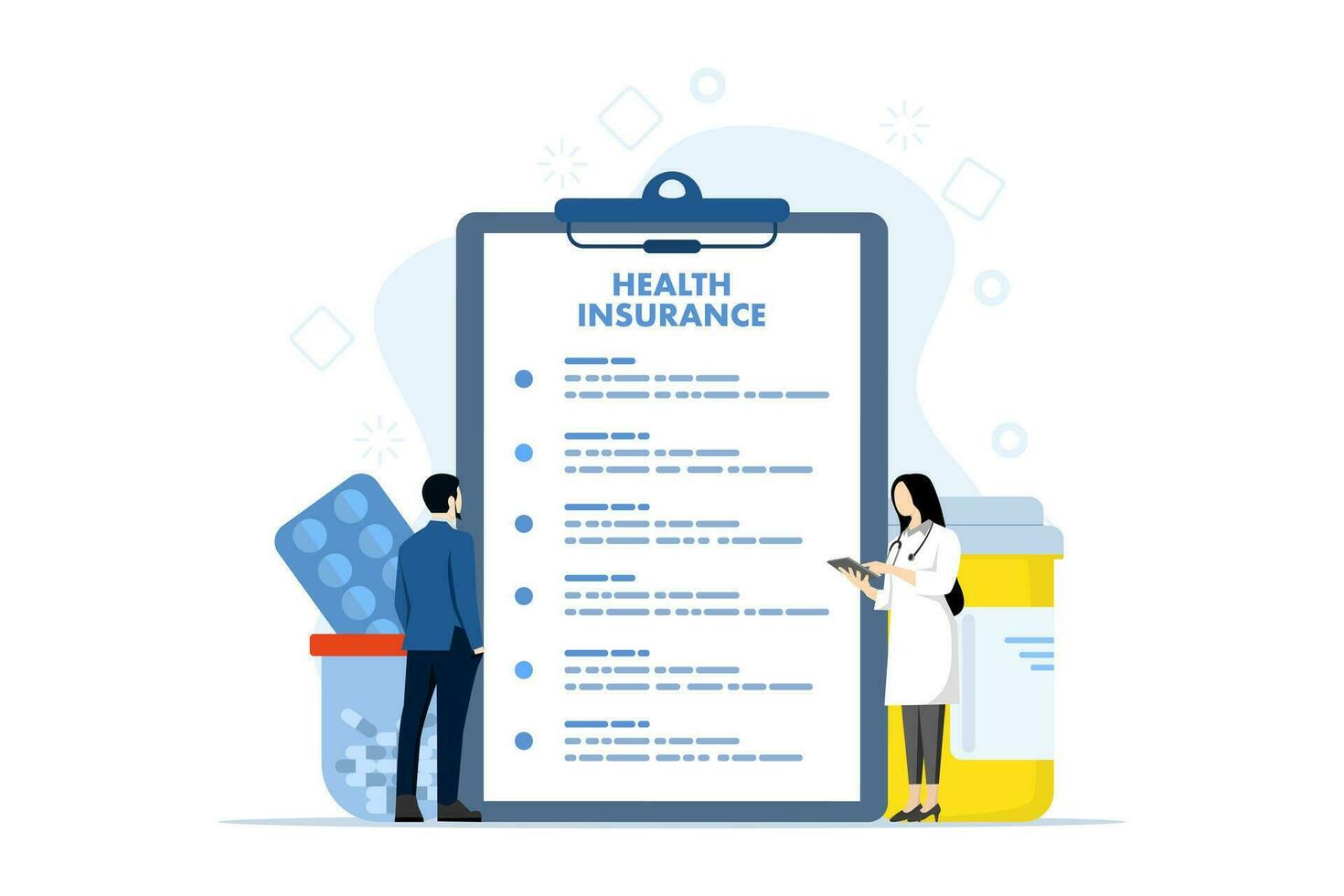 Gezondheid verzekering overeenkomst concept. Mens aan het studeren verzekering lijst tussen medisch verdovende middelen en ziekenhuis pillen. het formulier van Holding een vrouw karakter. kan worden gebruikt voor Gezondheid bescherming, veiligheid, Gezondheid zorg. vector