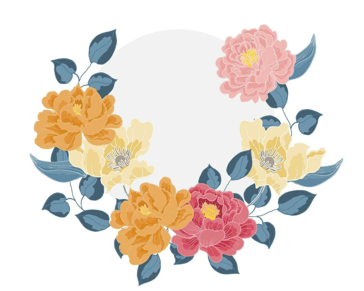 hand- getrokken roos en anemoon bloem krans vector