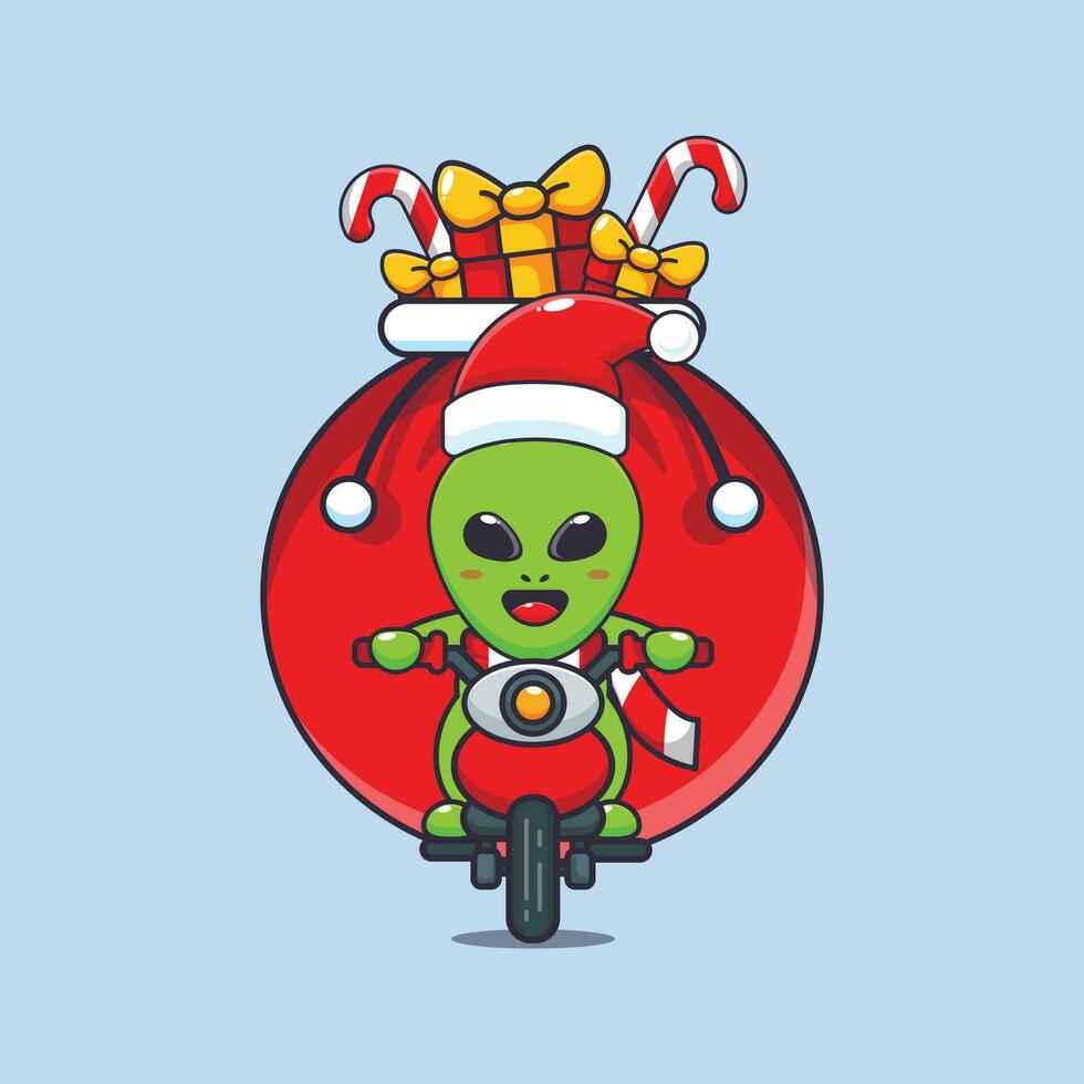 schattig buitenaards wezen draag- Kerstmis geschenk met motorfiets. schattig Kerstmis tekenfilm karakter illustratie. vector