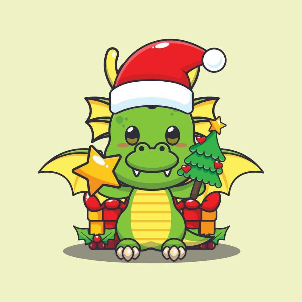 schattig draak Holding ster en Kerstmis boom. schattig Kerstmis tekenfilm karakter illustratie. vector