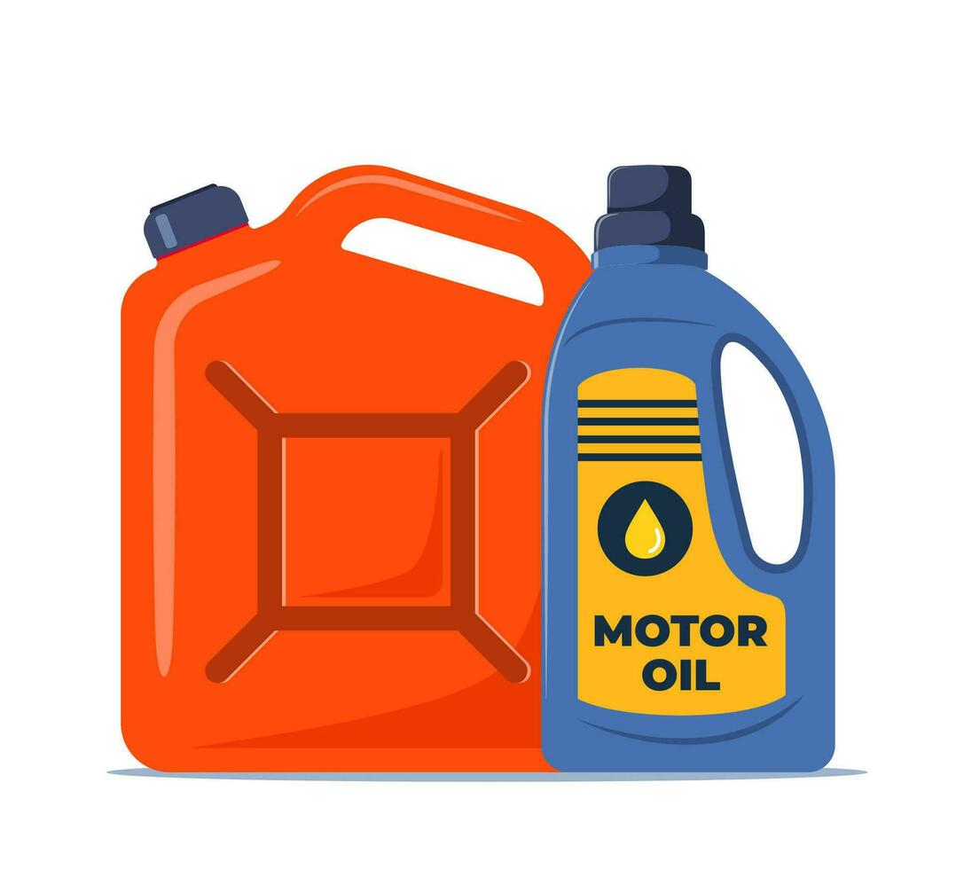 jerrycan. bus voor benzine, benzine en motor olie. auto motor olie in plastic bus. motor vloeistof fles. vector illustratie.