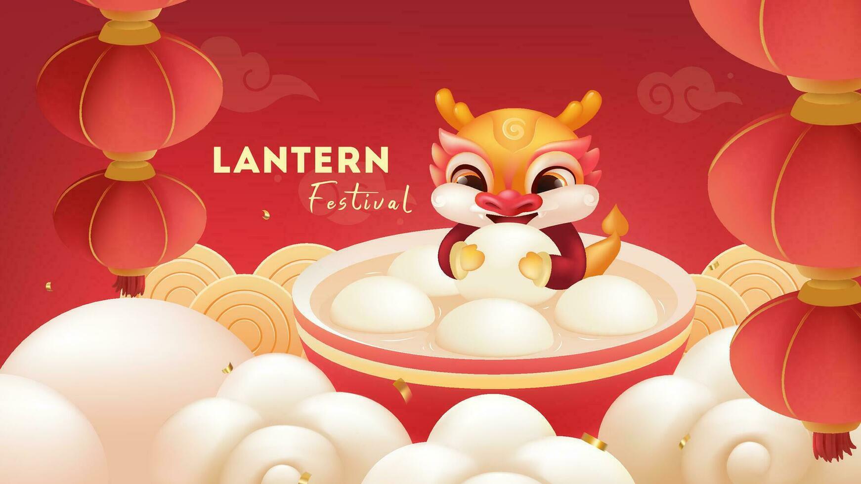 lantaarn festival achtergrond ontwerp schattig draak aan het eten kleverig rijst- ballen in een kom vector