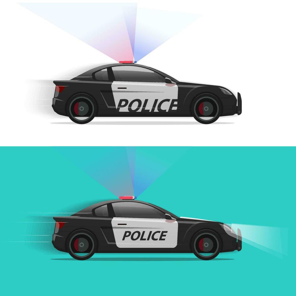 Politie auto vector in beweging snel met sirene knipperlicht licht of patrouille voertuig kant visie geïsoleerd vlak tekenfilm illustratie clip art beeld