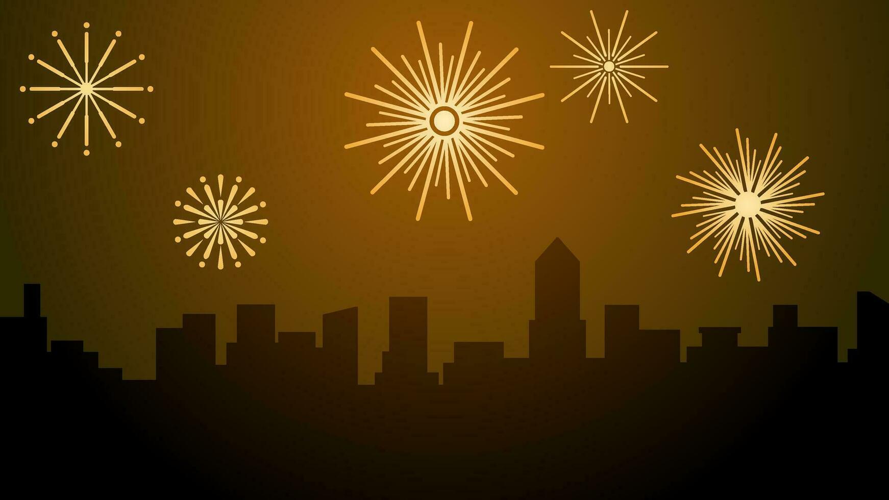 nieuw jaar stadsgezicht vector illustratie. landschap van stad met sprankelend vuurwerk in nieuw jaar evenement. stad landschap voor illustratie, achtergrond of behang. stad silhouet in de vuurwerk festival