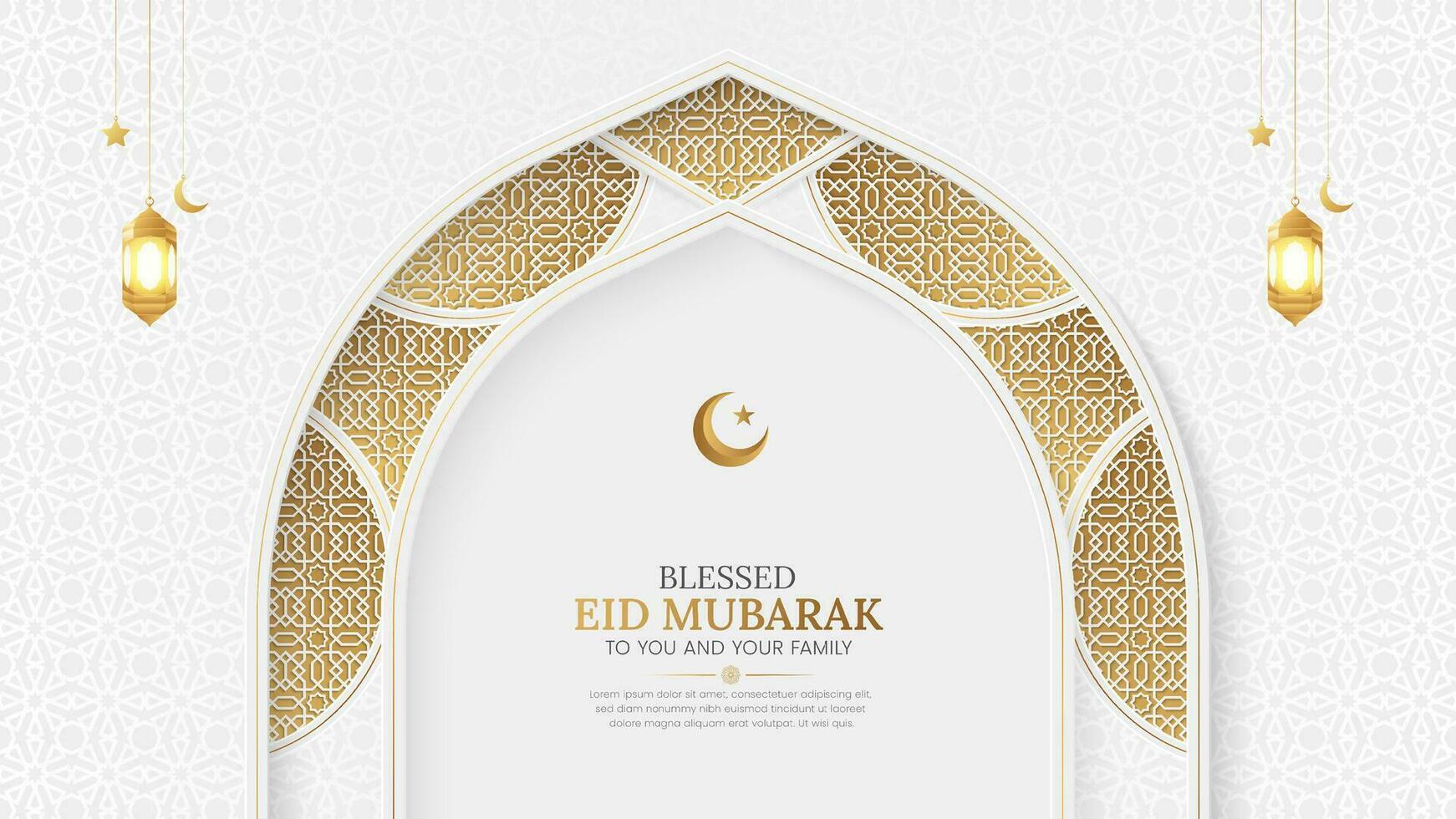 eid mubarak Islamitisch decoratief boog achtergrond met Arabisch patroon en lantaarns vector