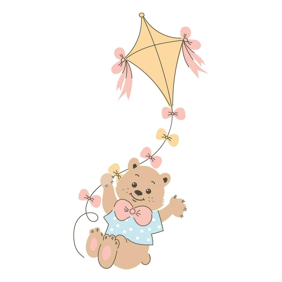 schattig tekenfilm teddy beer vliegt Aan een vlieger. kinderen illustratie, kaart, afdrukken, vector