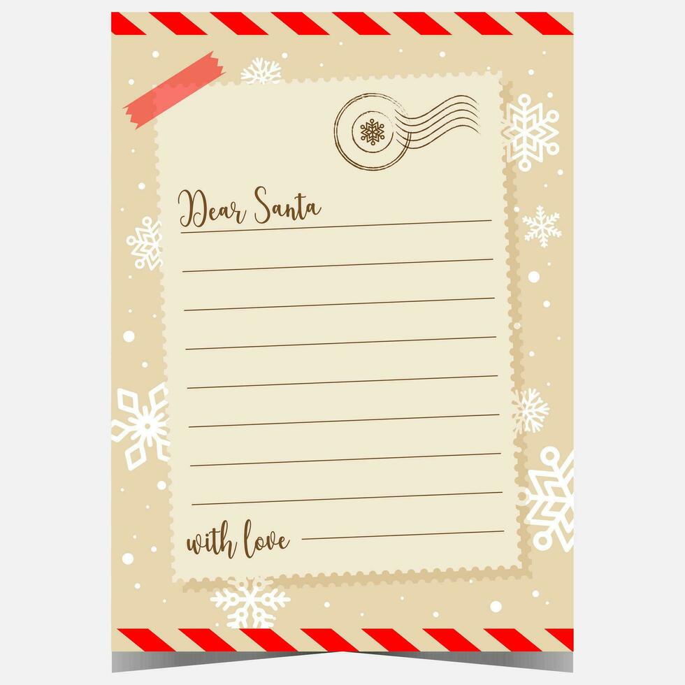 Kerstmis brief sjabloon naar de kerstman met sneeuwvlokken in de achtergrond. Kerstmis wens lijst of ansichtkaart voor kinderen naar schrijven een bericht van felicitatie naar de kerstman claus en verzonden het naar de noorden pool. vector