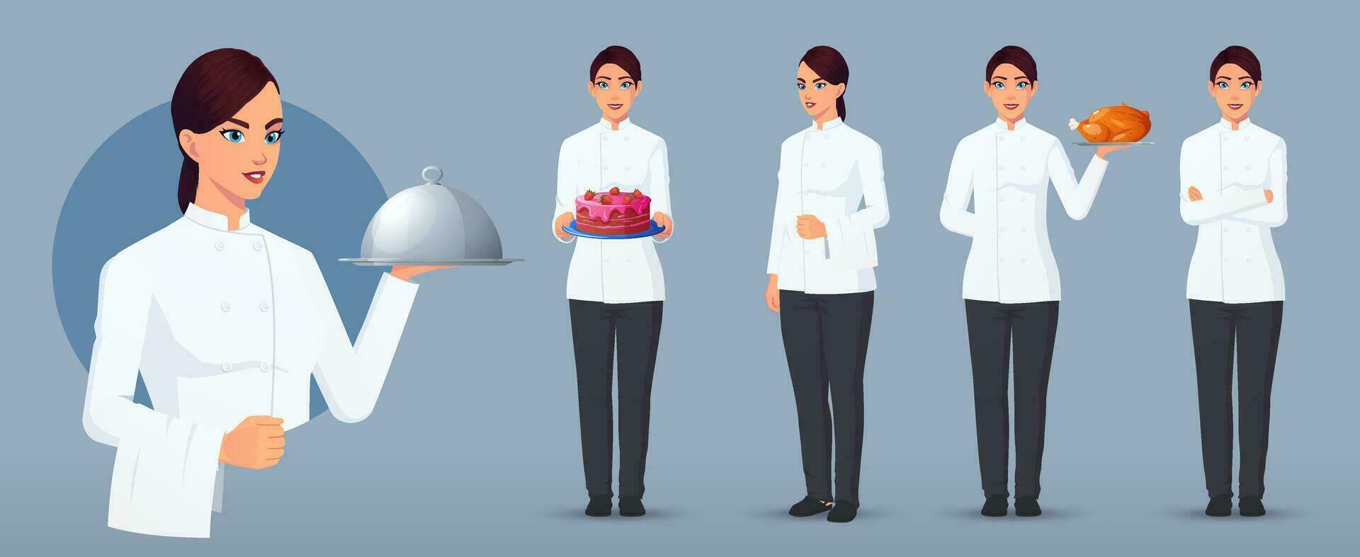 vrouw koken karakter reeks in divers poses en gebaren, chef logo, chef staand draag- taart, pizza, portie bord, armen gevouwen vector het dossier