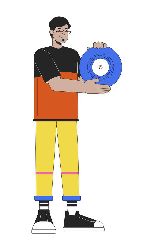 glimlachen Arabisch Mens Holding vinyl Vermelding 2d lineair tekenfilm karakter. millennial vent genieten van retro muziek- geïsoleerd lijn vector persoon wit achtergrond. nostalgie herinneringen kleur vlak plek illustratie