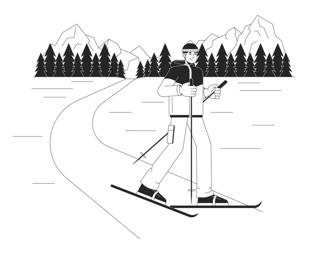 winter landschap skiën zwart en wit tekenfilm vlak illustratie. Aziatisch mannetje skiër sneeuw sport 2d lijn kunst karakter geïsoleerd. skiën vrije stijl. wintersport monochroom tafereel vector schets beeld