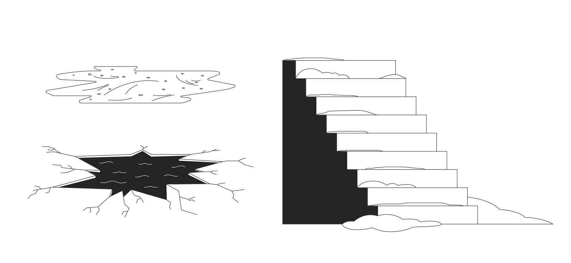 buitenshuis winter weer gevaren zwart en wit 2d lijn tekenfilm voorwerpen set. glad trap, gebroken ijs gat, bevroren plas geïsoleerd vector schets items pak. monochromatisch vlak plek illustraties