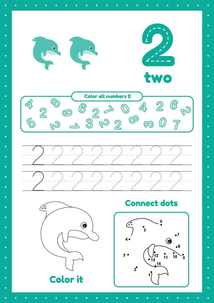 kinderen werkzaamheid Pagina's. leren nummers. peuter- werkbladen. aantal een. kleuren, traceren dolfijn vector
