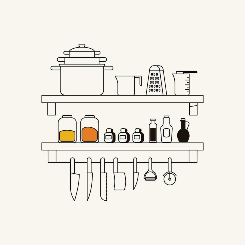 keuken gereedschap Aan plank. vector illustratie in lineair stijl